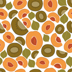Apricots and kiwi  - seamless pattern. Fruit textile pattern.Botanical tropical wrapping paper print design.