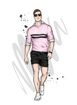 Handsome guy in stylish clothes. Fashion and style, accessories. Vector illustration. 
