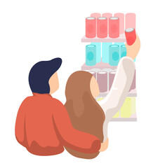 Young couple guy hugs girl in supermarket. Woman chooses aluminum can of soft drink on store shelf. Relationships and shopping vector eps isolated illustration