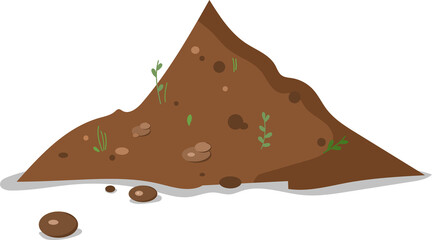 Hummus peat soil with growing plant flowers sprouts, sprigs, stones. Fertilized meadow field for potting, gardening. Agricultural harvest doodle.