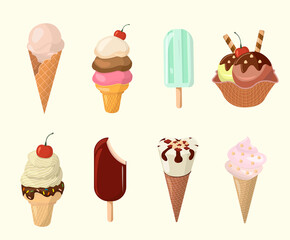 Ice cream collection, vector illustration isolated on white.  Different ice cream pack. 