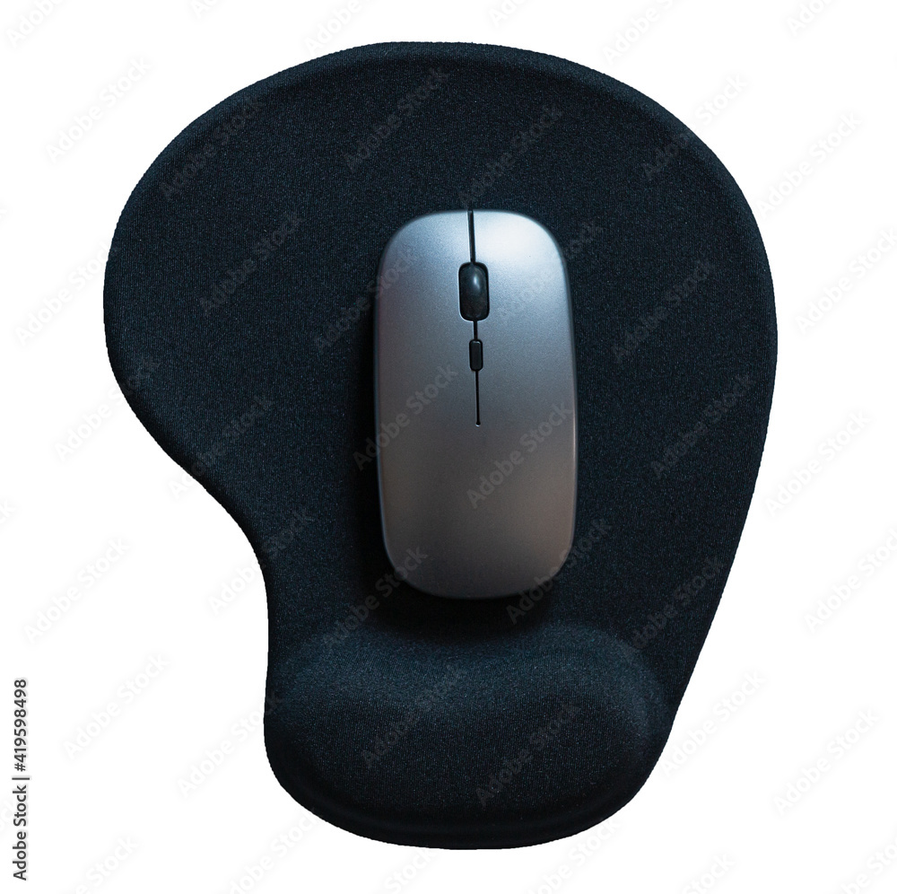 Wall mural wireless computer mouse with mouse-pad isolated on white background with clipping path. top view, se