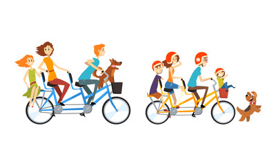 Happy Families Riding Tandem Bicycles Set, Cheerful People Riding Quint with their Dogs Cartoon Vector Illustration