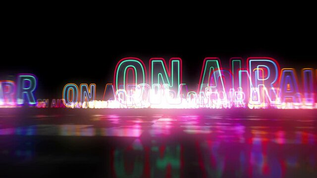 On air radio neon sign concept, television broadcast, internet media and studio music production. Glowing text loop. Flight between signs. Futuristic space abstract 3d rendering loopable seamless.