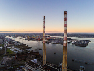 Fototapeta premium Aerial Shot of Poolbeg Chimineys, Drone Photography at Dublin Bay, Ireland