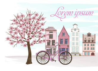 Fototapeta na wymiar Watercolor stylish illustration of buildings with bicycle and sakura in the foreground. Used for card, banner, poster. Vector fashion illustration