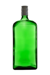 Large empty green glass bottle with metal lid on white background