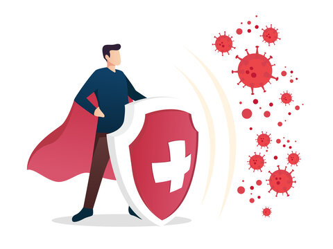 Immune system vector icon logo. Health bacteria virus protection. Medical prevention human germ. Healthy man reflect bacteria attack with shield. Boost Immunity with medicine concept illustration