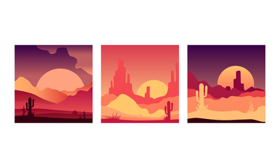 Desert Landscape at Sunrise and Sunset Set, Beautiful Nature Scenery Background with Cactus and Mountains Silhouettes Vector Illustration