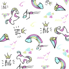 Afwasbaar Fotobehang Eenhoorns Seamless magic patterns of horses, crowns, inscriptions, hearts, ice cream, notes, birds. Detailed background. Ideal for kids clothing, fabric, textile, baby decoration, wrapping paper. Vector.