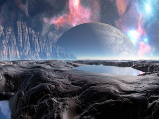 Illustration of a beautiful and inspirational science fiction landscape with a moon, mountains, and water © Mila Rawstock