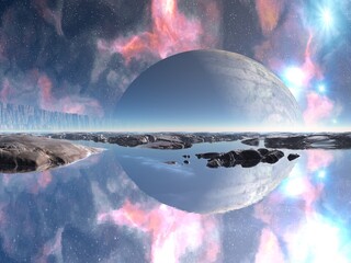 Illustration of a beautiful and inspirational science fiction landscape with a moon, mountains, and water