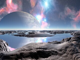 Illustration of a beautiful and inspirational science fiction landscape with a moon, mountains, and water