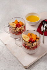 Chia pudding with with raspberries and banana. Healthy nutrition, superfood. Healthy breakfast.