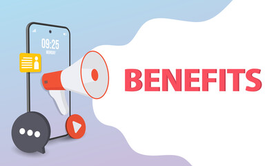 Male hand holding megaphone with benefits speech bubble. Loudspeaker. Banner for business, marketing and advertising. Vector illustration. Vector illustration, big benefits web banner or flyer concept