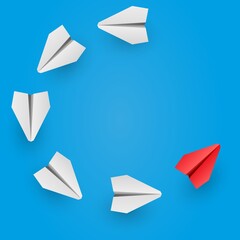 Individual red leader paper plane lead other. Business and leadership concept