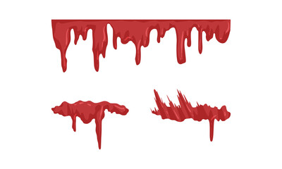 Splatters and Drops of Red Paint Set, Dripping Blood Cartoon Vector Illustration