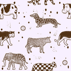 Large set, animals of atypical coat color. Sketch scratch board imitation. Seamless background.