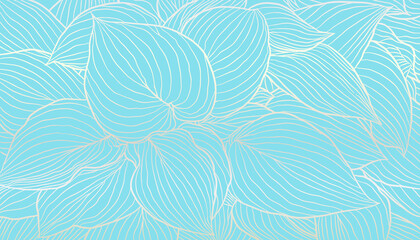 Luxurious art deco light silver leaves hand drawn line art on turquoise background. Wallpaper design for print, poster, cover, banner, fabric, invitation. Digital vector illustration.