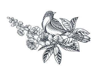 Vector bouquet of doodle hand drawn magnolia, sakura flowers and bird. Beautiful romantic elegant floral composition