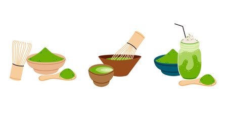 Matcha tea isolated vector illustration. Powder leaf design element. Asian, Japanese ceremony beverage in cartoon style.