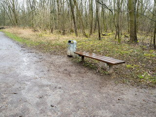 Bank im Wald im Regen