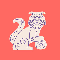 Guardian Asian dog statue flat cartoon illustration. Traditional Komainu dog, ancient Japanese culture banner design. Mythology ornamental China background