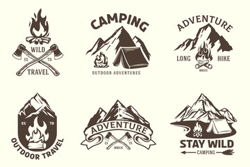 Collection templates composition of outdoor travel, adventures for badge, label, patches or emblems in retro vintage style. Design concept for tourism. Vector illustration.