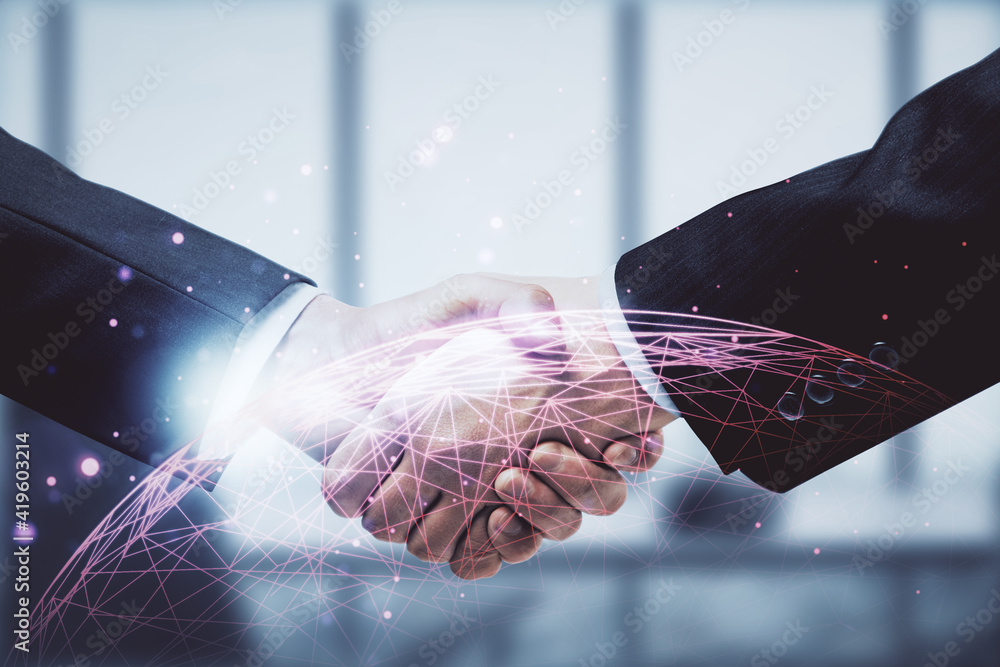 Poster double exposure of social network theme hologram and handshake of two men.