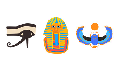 Famous Symbols of Ancient Egypt, Tutankhamen Pharaoh Mask, Eye of Horus, Scarab Cartoon Vector Illustration