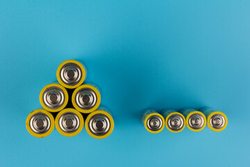 Photo of gray-yellow alkaline AA batteries on blue background. Recycling of rechargeable NiMH...
