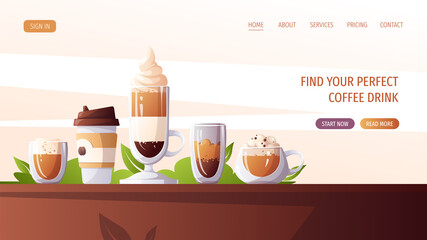 Variety of coffee drinks and cups. Coffee shop, break, cafe-bar, coffee lover concept.  Vector illustration for poster, banner, website. 