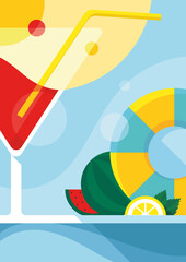 Poster template with cocktail and fruit. Summer concept in flat design.