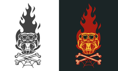 Vintage hand drawn composition with spider head and fire flames isolated on clean background. Design concept for tattoo, print, banner, badge in old school style. Vector illustration.