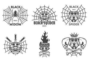 Set of vintage hand drawn composition with spiders isolated on white background. Design concept for tattoo, print, banner, badge in old school style. Vector illustration.