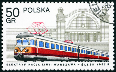 Postage stamp Poland 1978 electric locomotive and Katowice stati