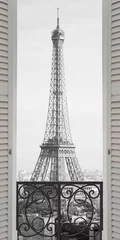 Foto auf Acrylglas Weiß Blick auf die Stadt aus dem Fenster. Fenster mit Blick auf die Straße von Paris. Der Eiffelturm. Eine alte Postkarte. Ein Balkon mit offenem Fenster.
