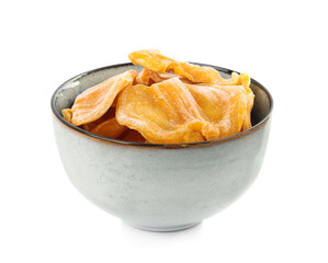 Sweet dried jackfruit slices in bowl on white background