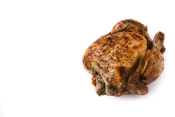 Homemade roasted chicken isolated on white background