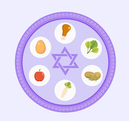 Seder plate of food, flat style. Jewish holiday of Passover. Isolated on white background. Vector illustration