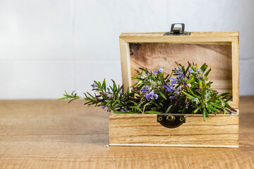 Rosemary branches in a beautiful vintage box