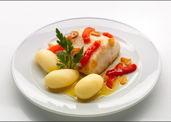 Pescado bacalao con patatas y pimientos 