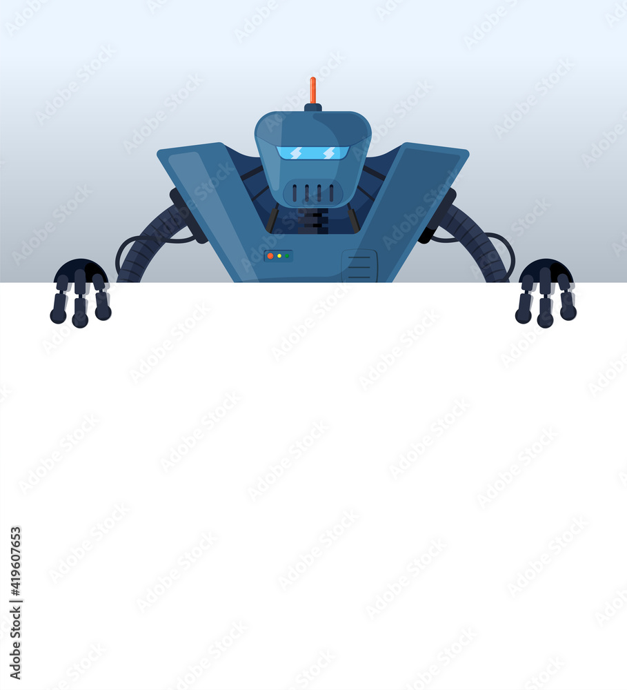 Poster cartoon robot stand behind blank poster space for text. blue retro cyborg character holding empty wh
