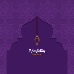 Ramadan Kareem concept with purple color and islamic lanterns ornament. Vector illustration. Place for text.