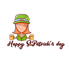 PrintSaint Patrick girl holding beer isolated on white background. Happy st patricks day banner or poster with redhead woman and calligraphic greeting text. Cartoon st Patrick girl line art icon