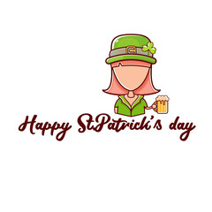 PrintSaint Patrick girl holding beer isolated on white background. Happy st patricks day banner or poster with redhead woman and calligraphic greeting text. Cartoon st Patrick girl line art icon