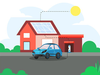 3D Rendering Electric Car Charging At Station With Solar House And Sunshine For Electromobility Concept.