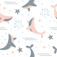 Seamless pattern with cute whale