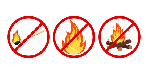 No bonfire or camping, no open fire sign set isolated on white background. Prohibition open flame symbol. Burning bonfire with sparks, wood logs in red crossed circle. Vector flat design illustration