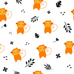 Seamless pattern with cute monkey and floral